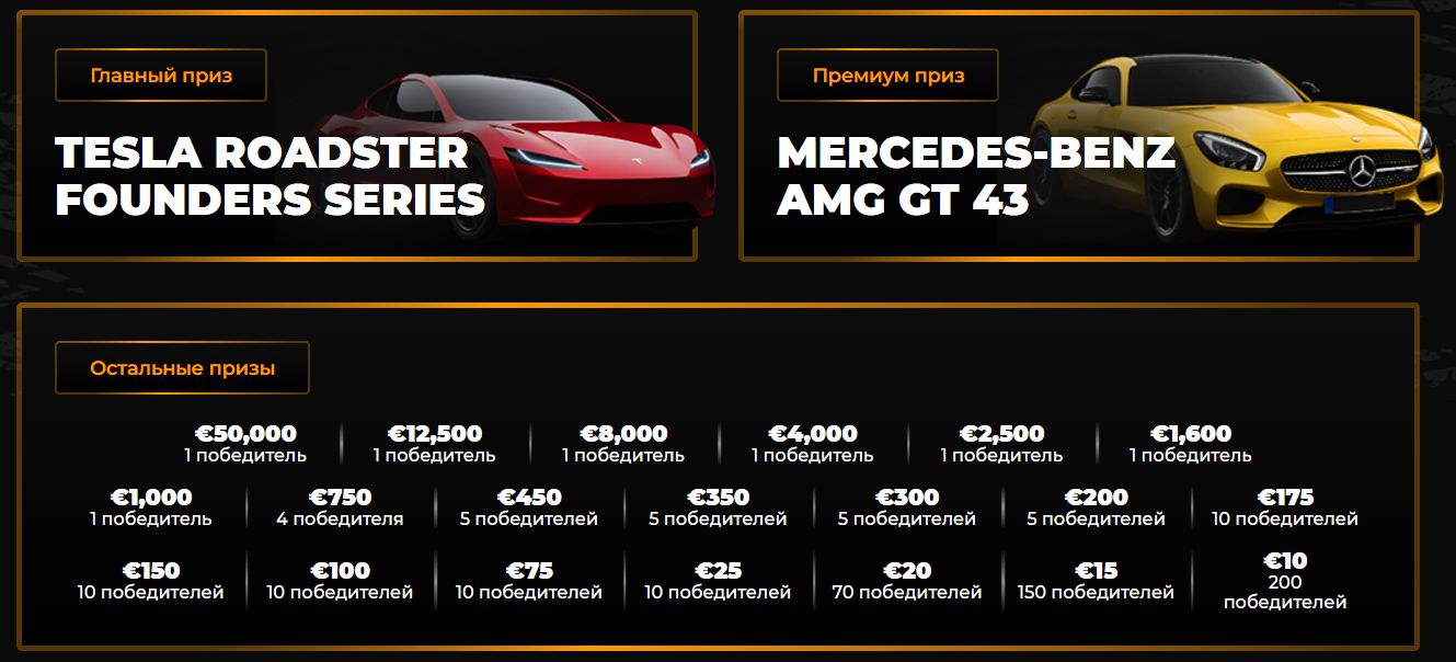Розыгрыш Tesla Roadster, Mercedes-Benz AMG GT 43 и денежные призы 1 Розыгрыш Tesla Roadster, Mercedes-Benz AMG GT 43 и денежные призы